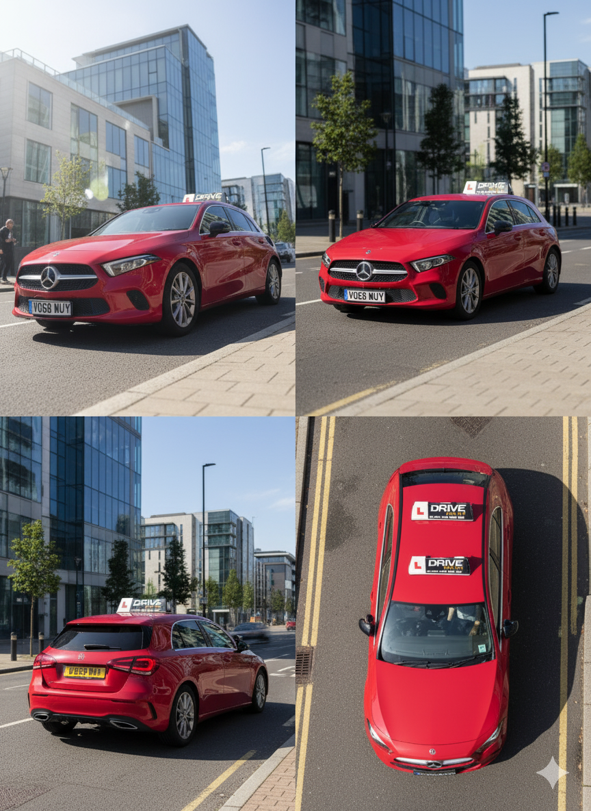 Professional driving instructor in modern training vehicle