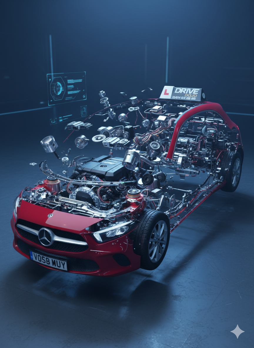 Professional driving instructor in modern training vehicle